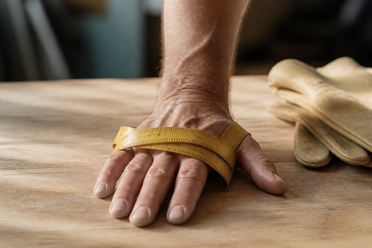 Main mesurée au mètre ruban à la paume pour déterminer une taille de gant, plan rapproché sur établi