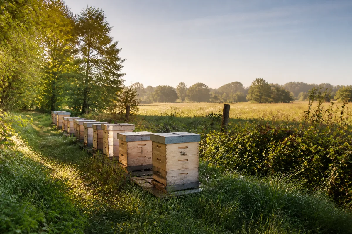 Cadre de hausse couvert d'abeilles, tenu à deux mains au-dessus d'une ruche ouverte