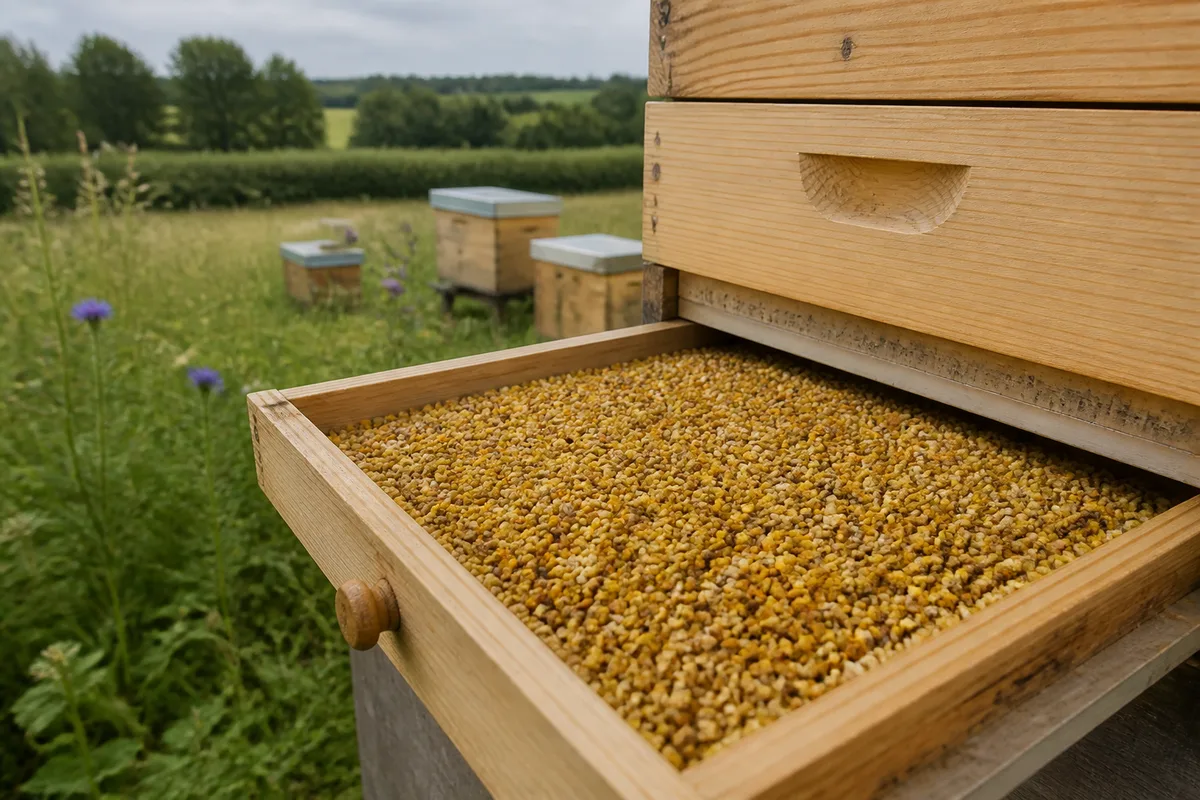 Tiroir de trappe à pollen rempli de pelotes multicolores devant une ruche